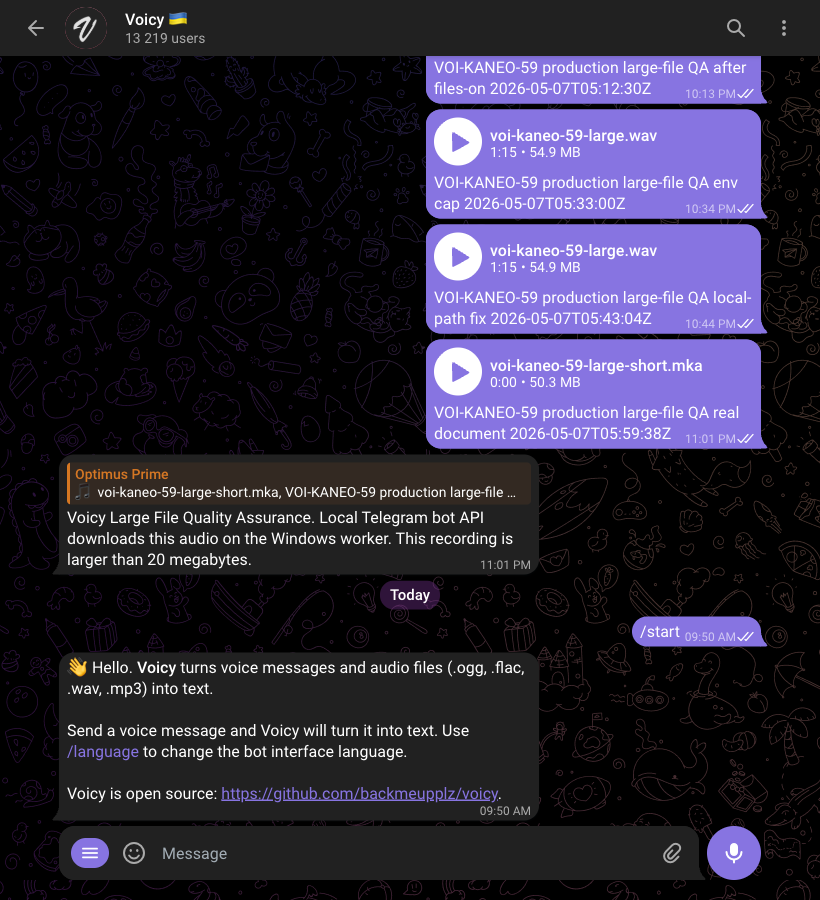 Telegram Web QA screenshot showing a /start command and Voicy bot reply