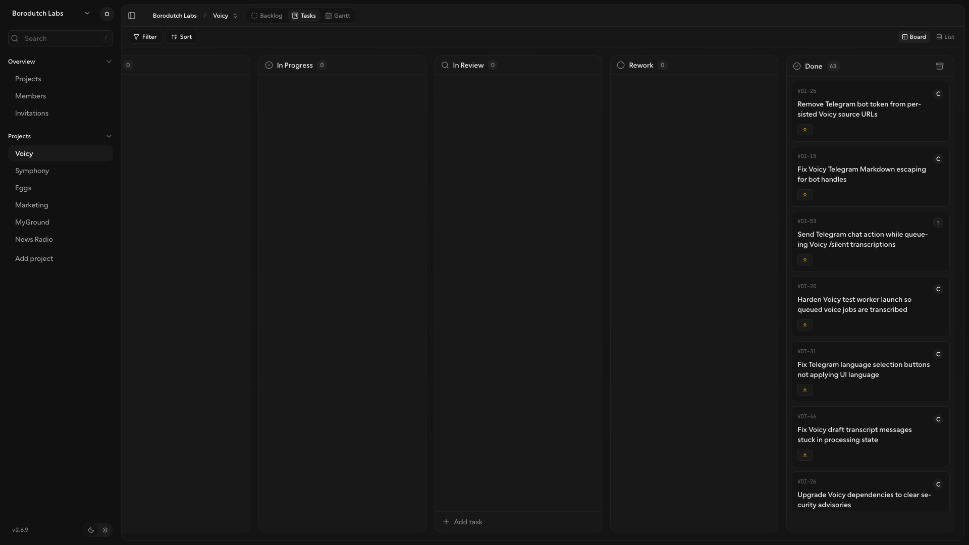 Kaneo Voicy board showing empty active columns and many completed task cards