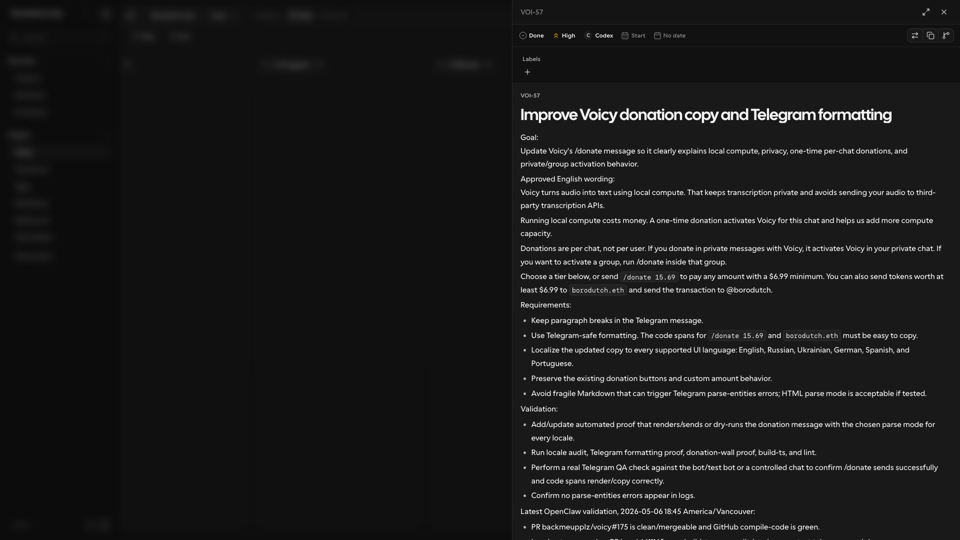 Open Kaneo Voicy ticket with requirements and validation notes