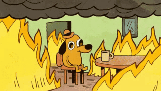 This is fine dog sitting calmly in a room on fire